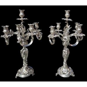 Pair Of Silvered Bronze Candelabra In The Louis XV Rocaille Style, Late 19th Century.