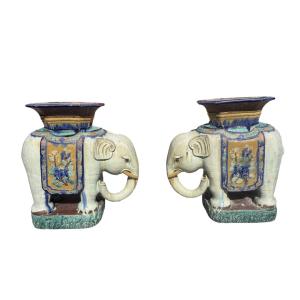 Pair Of Glazed Ceramic Stools, Bien Hoa Kiln, Vietnam, Early 20th Century