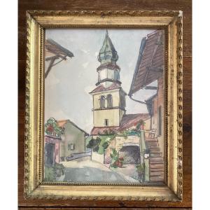 Watercolor - G Delbays - Bell Tower Of The Saint Pancrace Church In Yvoire - Haute Savoie