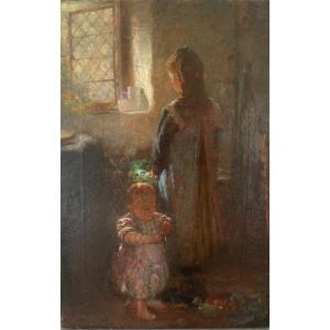 Frederick Stratton (1870-1960), Woman And Child In An Interior, Oil On Canvas, British, Anglais