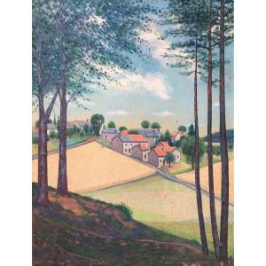 Jean Billon (20th Century), Landscape With Houses, Oil On Canvas, Post Pointillism, Lyon School
