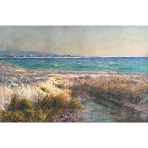 P.asluc? , Large Seaside Landscape: Presumed View Of The Surroundings Of Toulon, Oil On Canvas