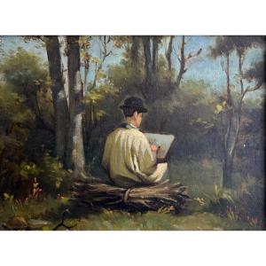Naïve School Around 1900, Painter In A Landscape: Exercise On The Motif, Oil On Canvas