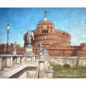 French School Around 1930, The Castel Sant'angelo In Rome, Italy, Oil On Cardboard