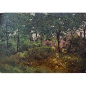 Arthur Perdreau (19th-20th Century), Houses In The Undergrowth, Barbizon School, Oil On Canvas