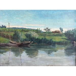 Georges Ferré (1853-1924), Countryside Landscape: Boats On A Pond, Oil On Canvas