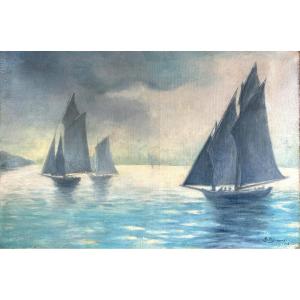 Breton School, 1908, Marine: Boats Offshore, Oil On Canvas