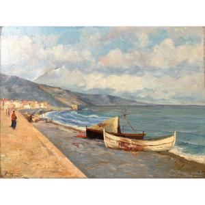 Franck Cinot (1851-1890), Seaside: The Boulevard Of Menton In The Mediterranean, Oil On Canvas