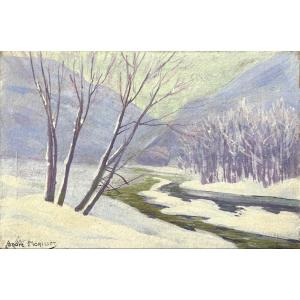 André Morisset (1876-1954), Winter Landscape By The River / Study Of Clouds, Oil 