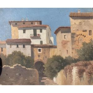 French School Circa 1860, Southern Village Or Italian?, Oil On Paper