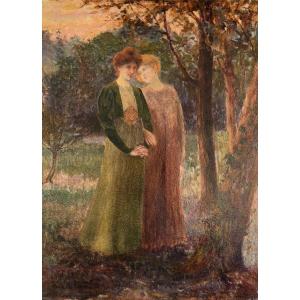 André-marc Antigna (1869-1941), Promenade d'Amies, Oil On Cardboard, Symbolism