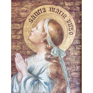 Pauline Dufêtre (lyon 1863-1923), Portrait Of A Saint In Profile, Drawing, Lyon School