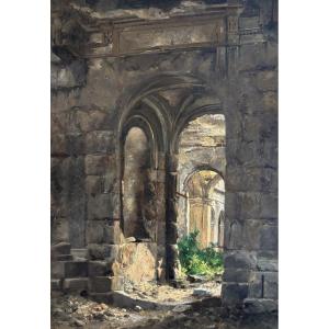 19th Century French School, Circa 1880, Presumed Ruins Of The Court Of Auditors In Paris, Oil