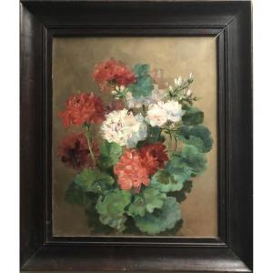 19th Century French School, Geraniums, Oil On Canvas
