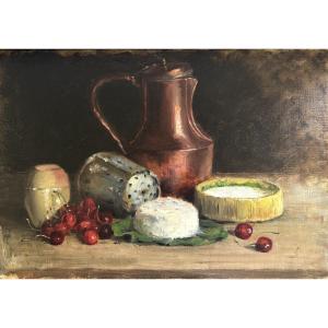 French School Of The Late 19th Century, Still Life With Cheese And Cherries, Oil On Canvas