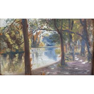 Roland Ducarré (1890-1914), The Saint James Pond In The Bois De Boulogne, Paris, Oil 