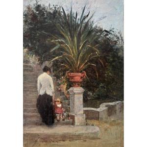 19th Century French School, Woman And Child In A Park In The South Of France?, Oil