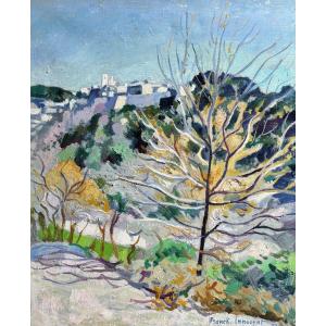 Franck Innocent (rouen 1912-1983), Landscape: View Of Saint-paul De Vence, Oil On Canvas, 1982