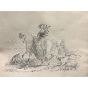 Félix Henri Philippoteaux (1815-1884), Hunting Scene - Falconry, Pencil Drawing