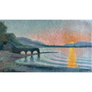 French School Circa 1920, Landscape: Sunset Over The Lake, Oil On Canvas