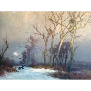 Léon Broquet (1869-1935), Large Winter Landscape With Crows, Oil On Canvas, Impressionism 