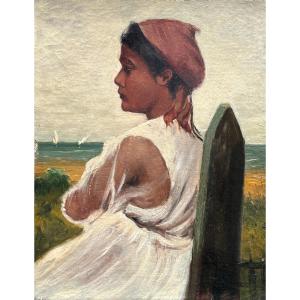 French School, Late 19th Century, Portrait Of A Young West Indian Woman? By The Sea, Oil On Canvas
