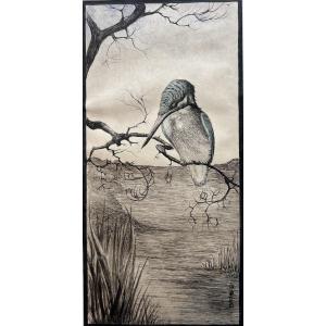 French School, Early 20th Century, The Kingfisher, Ink And Watercolor Drawing