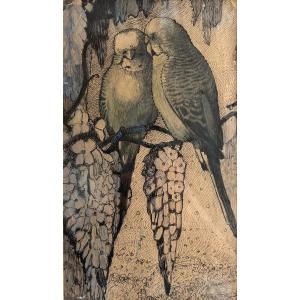 French School, Early 20th Century, Parakeets, Drawings In Ink And Watercolor