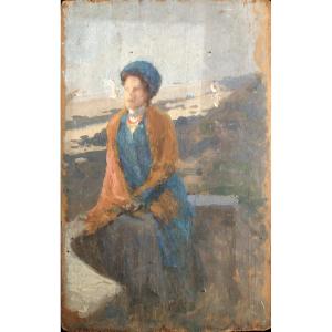 Jules Octave Triquet (1867-1914), Portrait Of A Woman By The Sea, Sketch, Oil On Panel