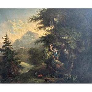 French Neoclassical School, Circa 1830, Landscape: Oedipus As A Child Detached From The Tree By Phorbas