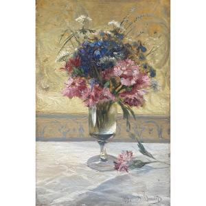 Amédée Baudit (1825-1890), Bouquet Of Flowers: Carnations And Cornflowers In A Vase, Oil