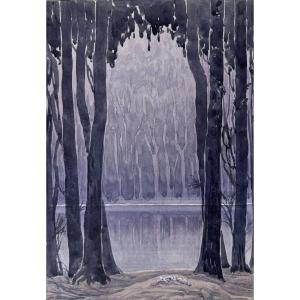 André Morisset (born In 1876), Forest Landscape By The Lake, Drawing, Symbolism