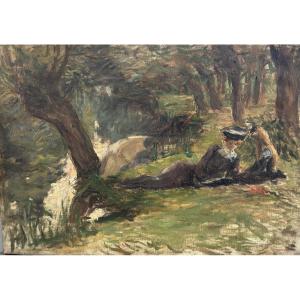 Impressionist School, Sketch: Woman And Child By The River, Oil On Canvas