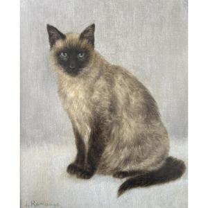 J. Ramaugé?, Portrait Of A Siamese Cat, Oil On Canvas Mounted On Cardboard
