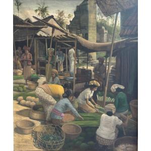 Oil On Canvas, 20th Century, Market Scene In Indonesia