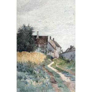 Auguste Allongé (1833-1898), Drawing: Landscape With A Lively Hamlet, Signed Watercolor