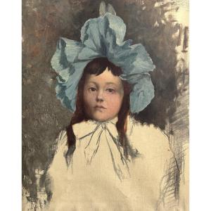 French School, Late 19th Century, Portrait Of A Young Girl With A Blue Headdress, Oil 
