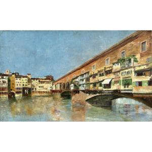 School Circa 1900, Italian Landscape: The Ponte Vecchio In Florence, Oil On Paper