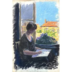 Meulien-verez? French School, Early 20th Century, Woman Artist At Her Window, Pastel