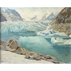Henri Edouard Huguenin-virchaux (1878-1958), Glacier In The Mountains: The Aletsch Glacier?, Oil