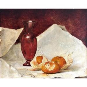 French School Circa 1900, Still Life With Citrus Fruits And Vase, Oil On Canvas