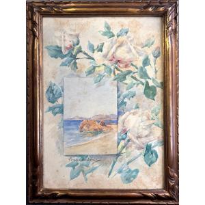 Louise Abbema (1853-1927), Composition Aux Roses Et Bord De Mer, Drawing, Watercolor