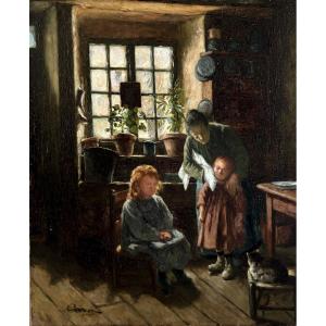 Caro, Woman And Children In A Rustic Interior: The Toilet, Oil On Canvas