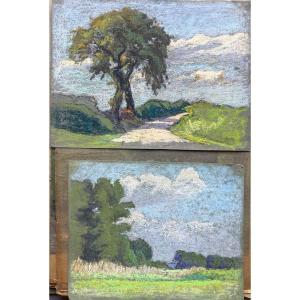 Meulien-verez? Early 20th Century French School, Pair Of Wooded Landscapes, Pastel Drawings