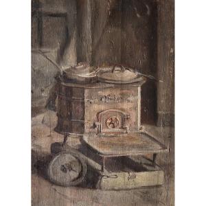 Early 20th Century French School, Un Poêle à Bois, Oil On Panel, 1908