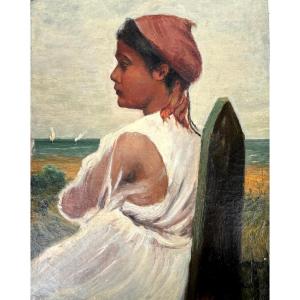 Late 19th Century French School, Portrait De Jeune Antillaise En Bord De Mer, Oil