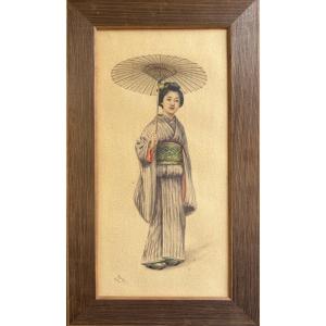 Tsutaya Ryuko (1868–1933), Japanese Woman In Wasaga, Watercolor, Drawing