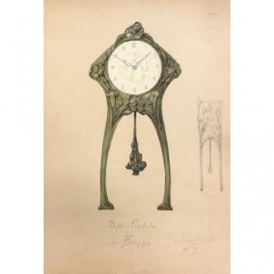 Art Nouveau Drawing, G.fincken d'Autermarche, Bronze Clock, National School Decorative Arts