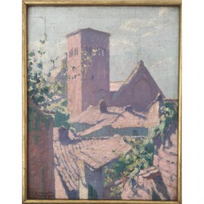 Edouard Boulainghier (20th Century), View Of Saint Francis Basilica In Assisi, Italy, Oil