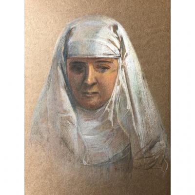 Czeslaw Borys Jankowski (1862-1941), Portrait Of Woman, Religious? Pastel Drawing